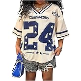 RoseSeek Girl's Y2K Mesh Oversized Jersey Tops Number Star Graphic Tees Vintage V Neck T Shirts