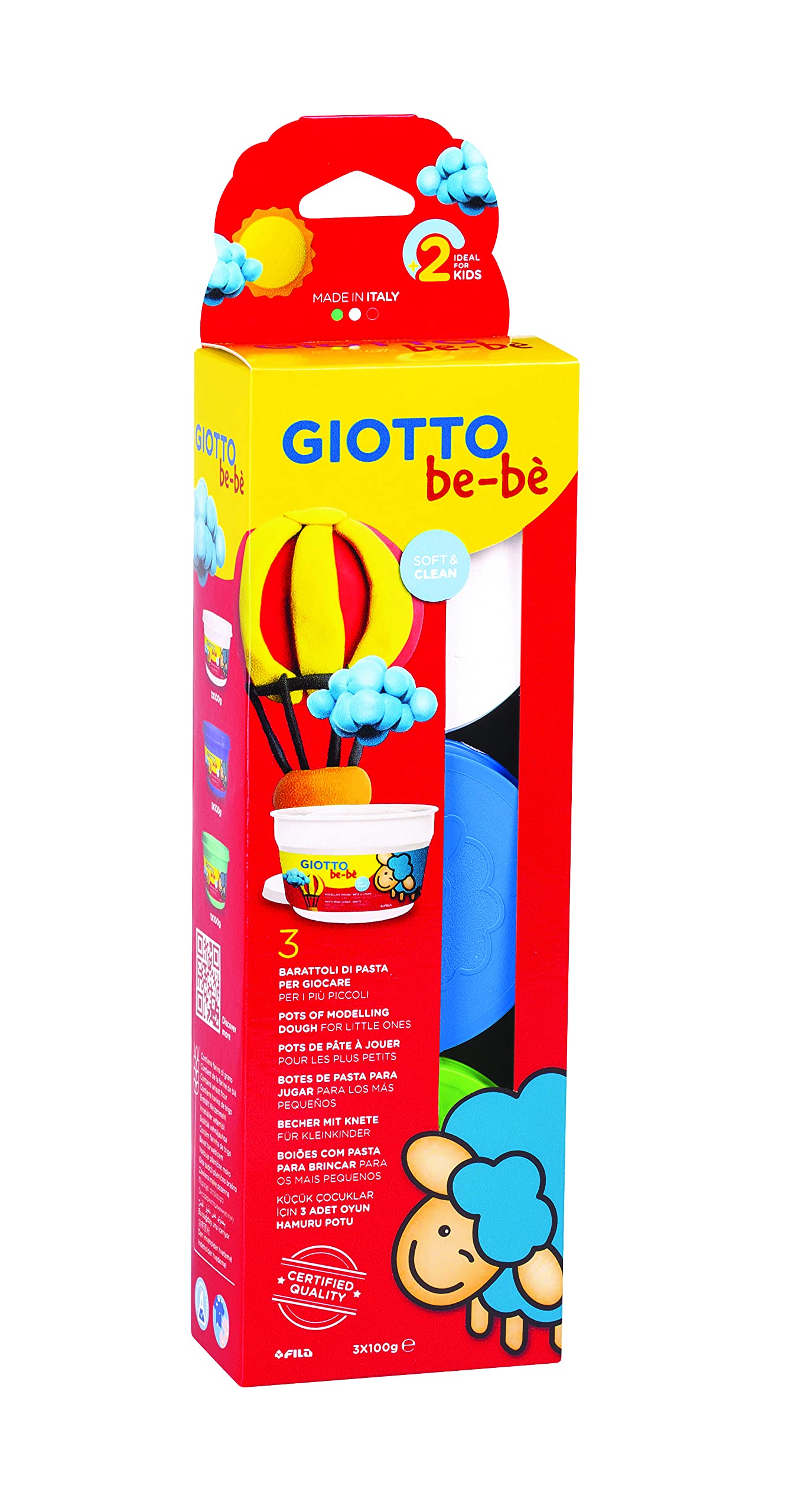 GIOTTO be-bè Modelling Dough Pack for Young Children, 3 x 100g Pots, Blue/White/Green, For Children and Schools