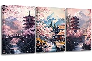 CXHOSTENT 3Pcs Japanese Canvas Wall Art Cherry Blossom Lake Landscape Paintings Japan Mount Fuji & Pagoda Art Prints for Home