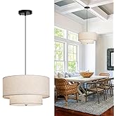 HILUXIA 18" Modern Double Drum Fabric Pendant Light, Large Hanging Ceiling Chandelier Fixture with Dual Layer Fabric Shade, I