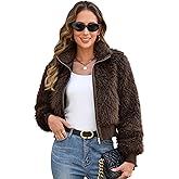 FIOPHY Womens Faux Fur Cropped Coats Fuzzy Long Sleeve Winter Jacket Zip Up Cardigan Top Fluffy Warm Outwear with Pockets