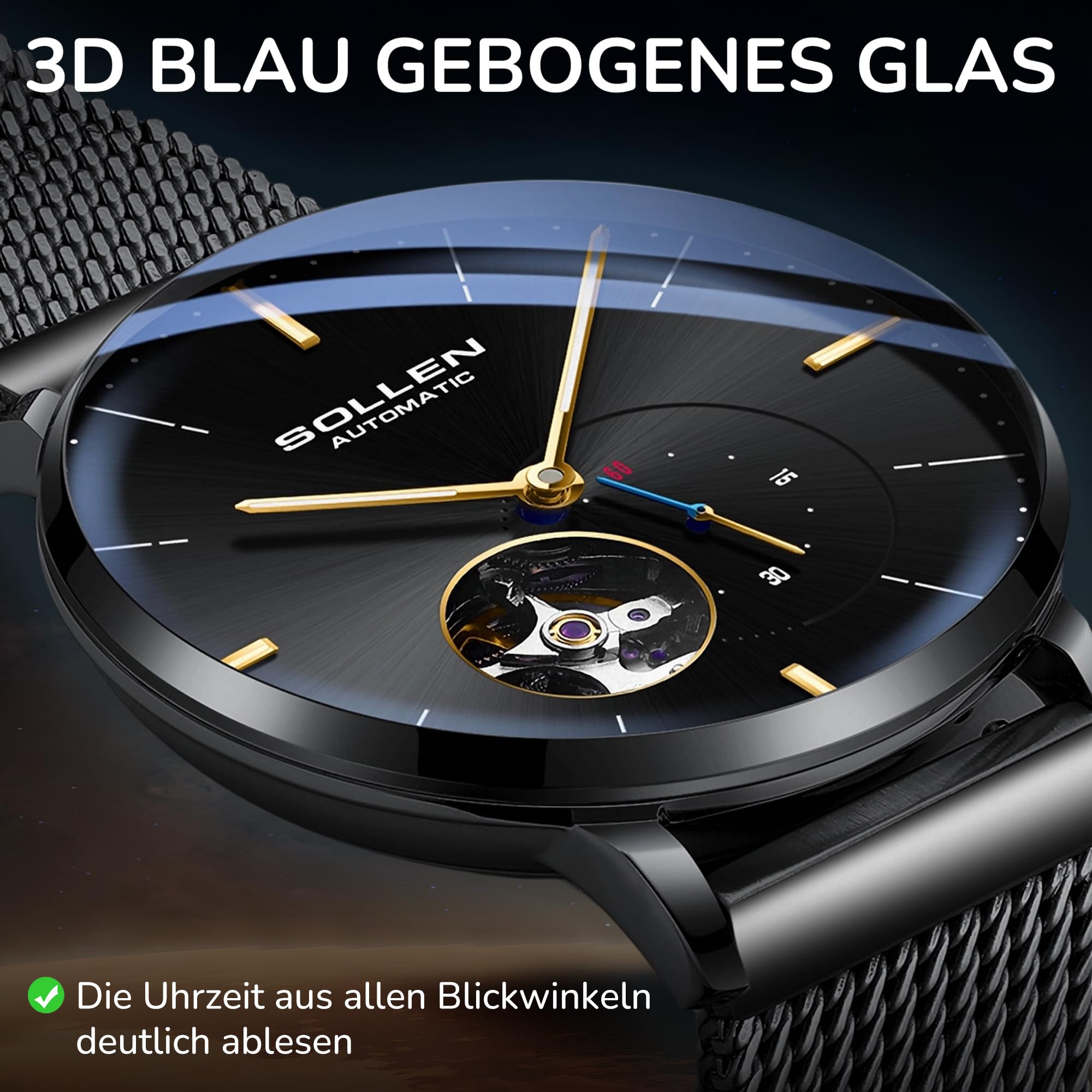 SOLLEN Automatikuhren Herren mit Skelettzifferblatt,Automatische Herrenuhren,Originales Mechanisches Uhrwerk,Leuchtend Selbstaufzug Herrenuhr mit Sekundenzeiger,Armbanduhren als Geschenk für Männer 5