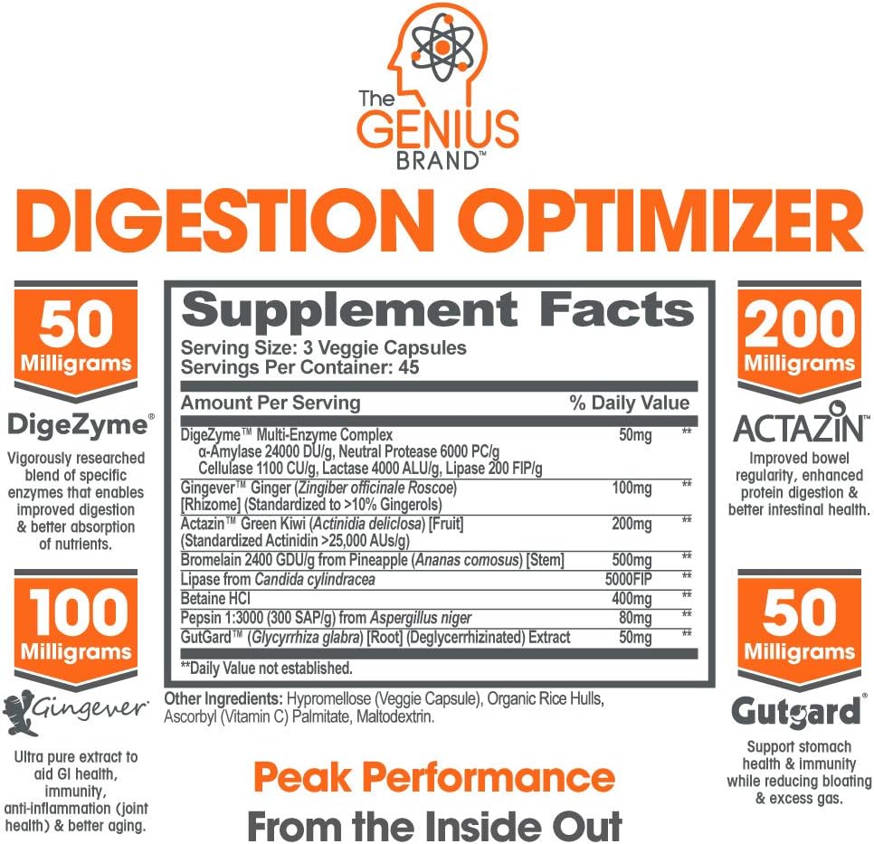 Genius Digestive Enzymes for Digestion & Total Wellness | Restore Gut Heath w/Bromelain, Ginger Root & Prebiotics – Natural Relief Formula for Gas, Heartburn, Constipation | 135 Vegetarian Capsules: Health & Personal Care