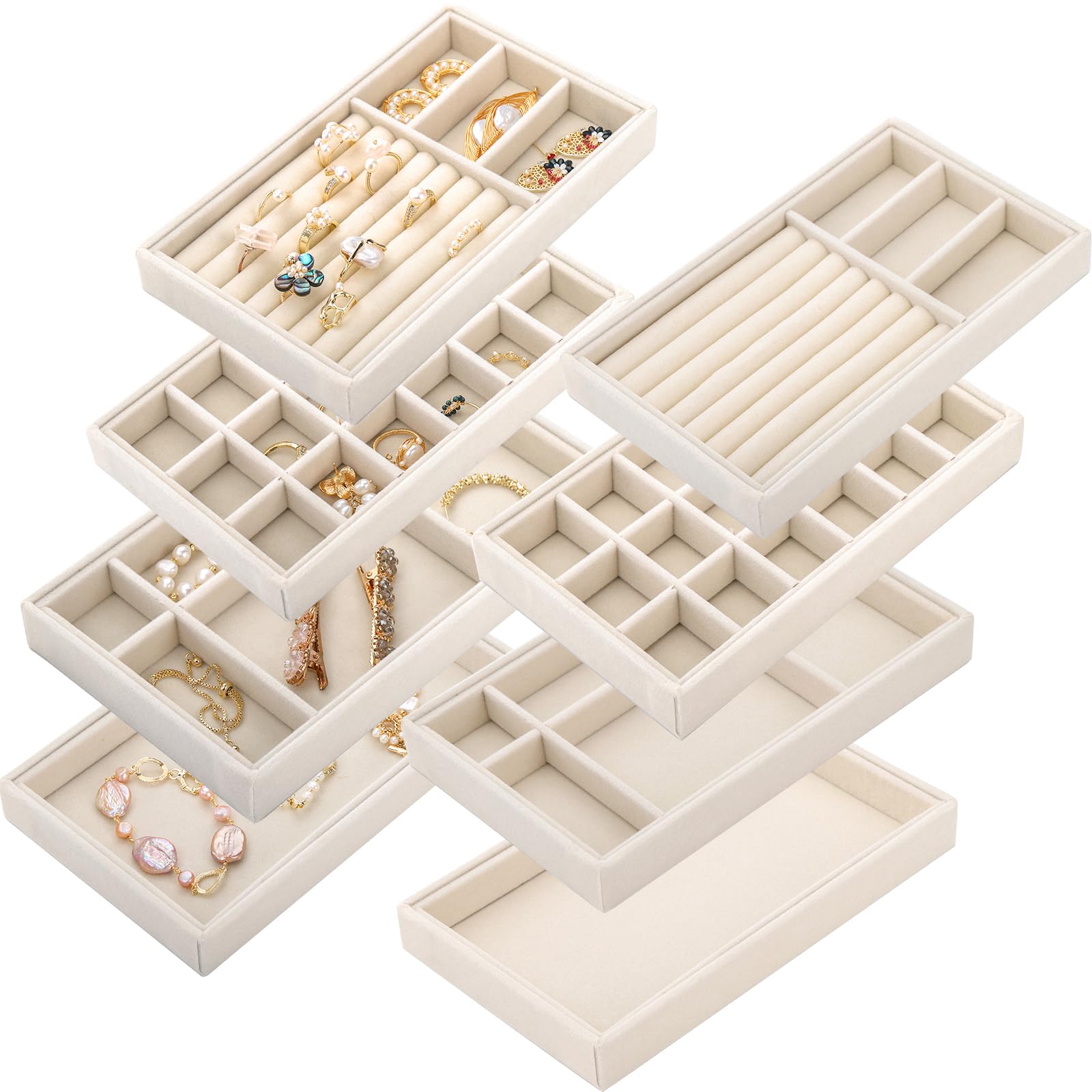 Photo 1 of Elsjoy 8 Pack Velvet Jewelry Trays, Stackable Jewelry Organizer Trays for Drawers, Beige Jewelry Storage and Display Tray Inserts for Necklaces, Rings, Earrings
