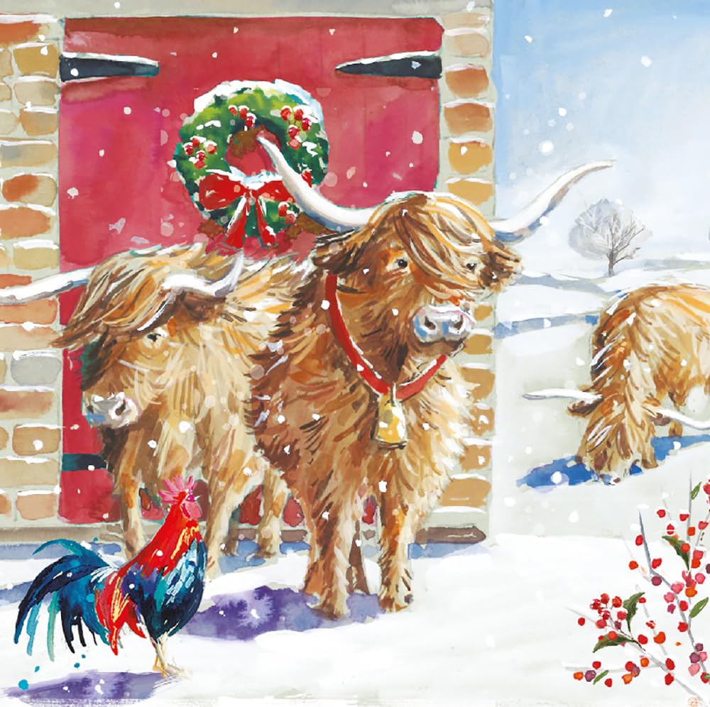 Ling Design Wildlife Watercolour Art Pack of 6 Christmas Cards - Premium Board - Charity Christmas Cards Great British Card Company (Highland Cattle)