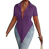 LYANER Women's Collar V Neck Button Front Short Sleeve Slit Hem Long Shirt Blouse Top