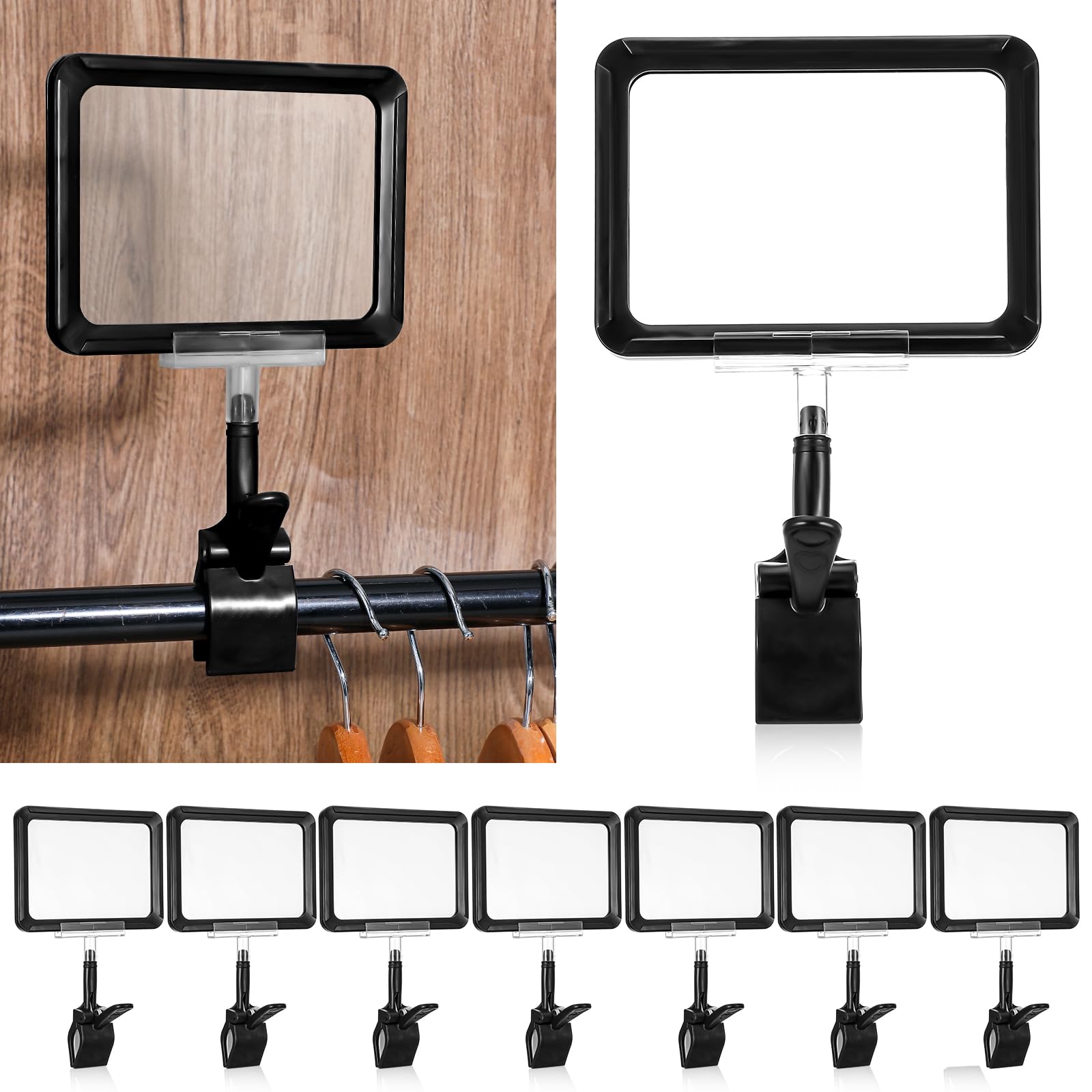 Photo 1 of MAQUITA Acrylic Sign Holder with Clamp, 6 x 4 Inch Double Head Display Clips with PVC Card Protector, Rotating Sign Price Tag Clip On Sign Display for Hangrails or Tubes (Pack of 10 - Black)