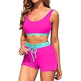 Jolefille High Waisted Bikini Sets with Shorts Two Piece Swimsuits Full Coverage Bathing Suit Tummy Control Tankini