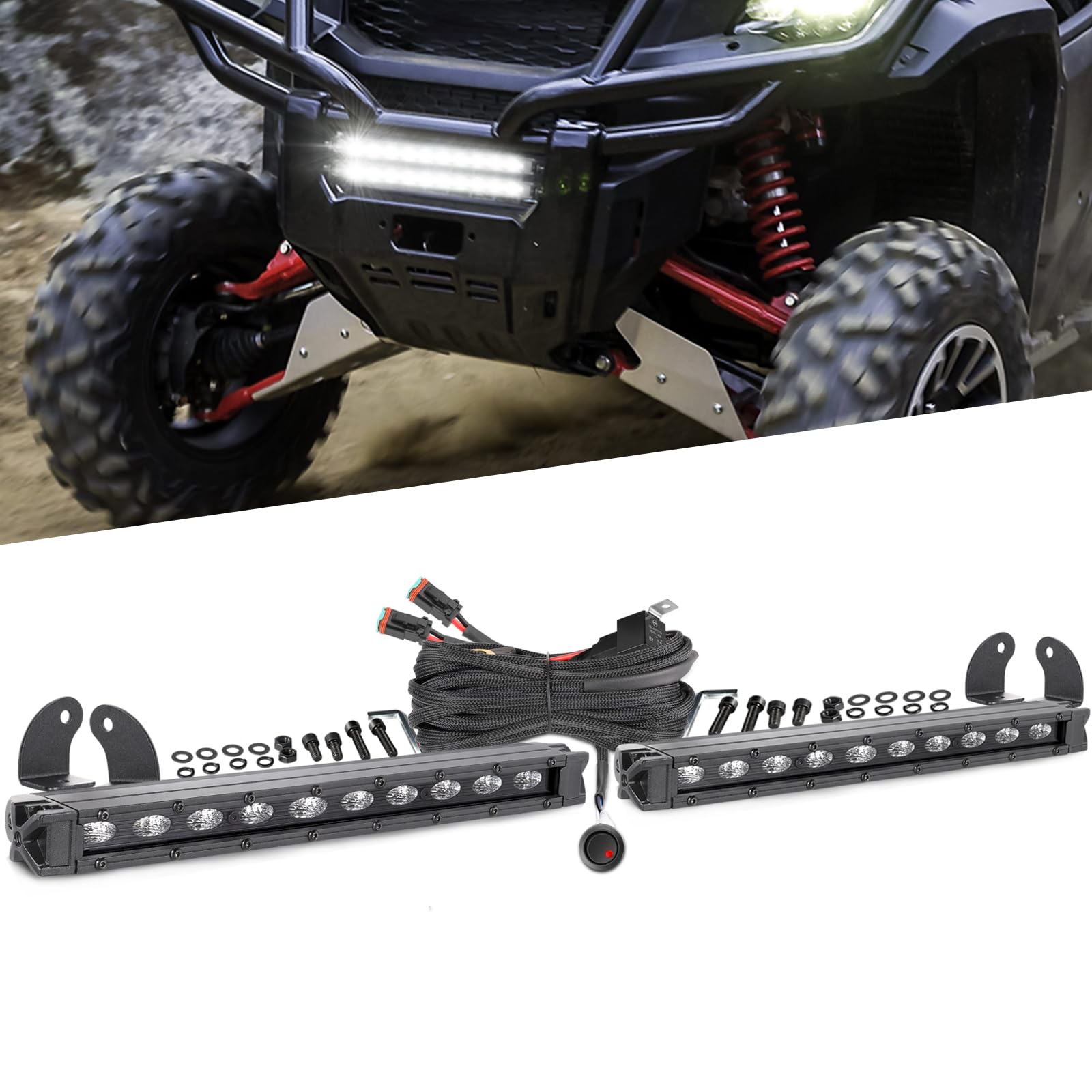 Photo 1 of 10 Inch Single Row LED Light Bars with Wiring Harness, Nirider Black Series CREE LED Bar 2PCS 100W Super Slim Flood Fog Lights Driving Lights Off Road Bumper Light Bar for UTV SXS ATV Truck