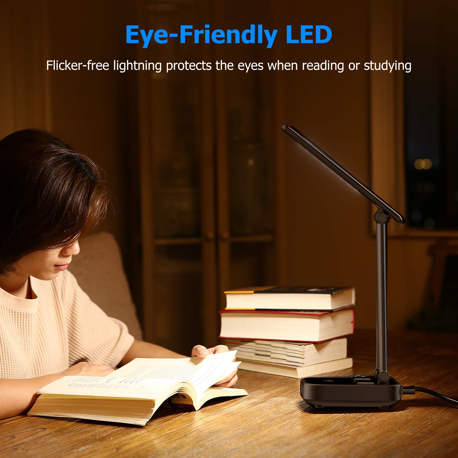 Yostyle LED Desk Table Lamp Light with 4 Surge Protector USB Charging Port and 2 AC Power Outlet, 8.2FT Cord Power Strip Station, 3 Level Brightness, Eye-Caring Foldable Lamp for Bedside Office Hotel