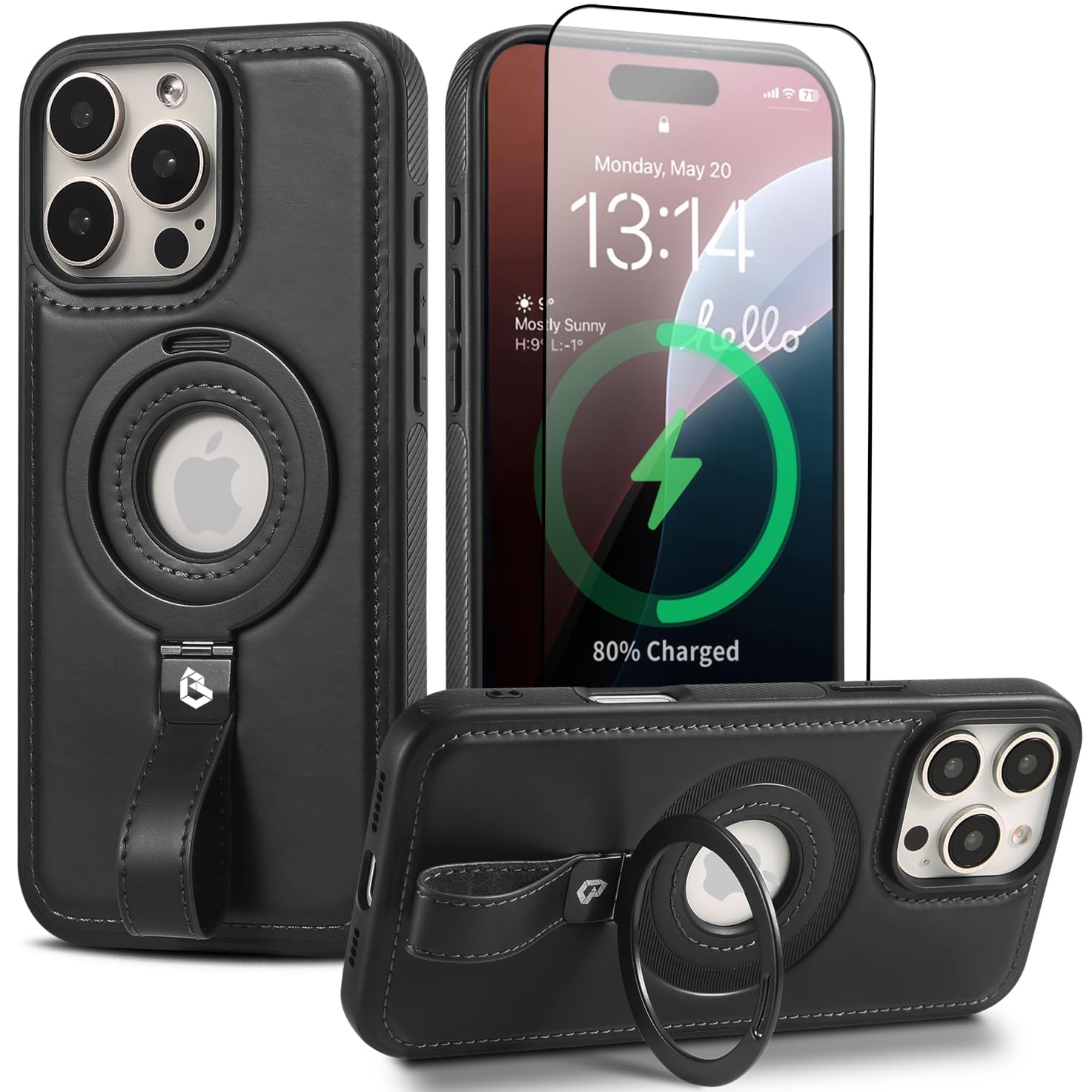 Photo 1 of Butaiga Capture Grip Loop Magnetic Stand for iPhone 16 Pro Max Case with Screen Protector, Protective iPhone 16 Pro Max Case Leather,Compatible with MagSafe,Built-in Kickstand,for Men Women, Black