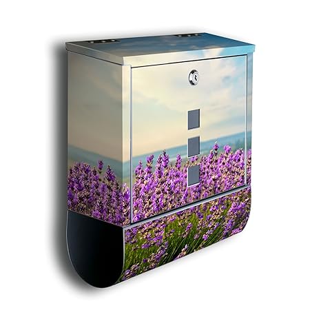 Briefkasten mit Deko Motiv: Lavendel BK411, Edelstahl Designer Postkasten mit Zeitungsrolle, Mailbox, Designbriefkasten, Post