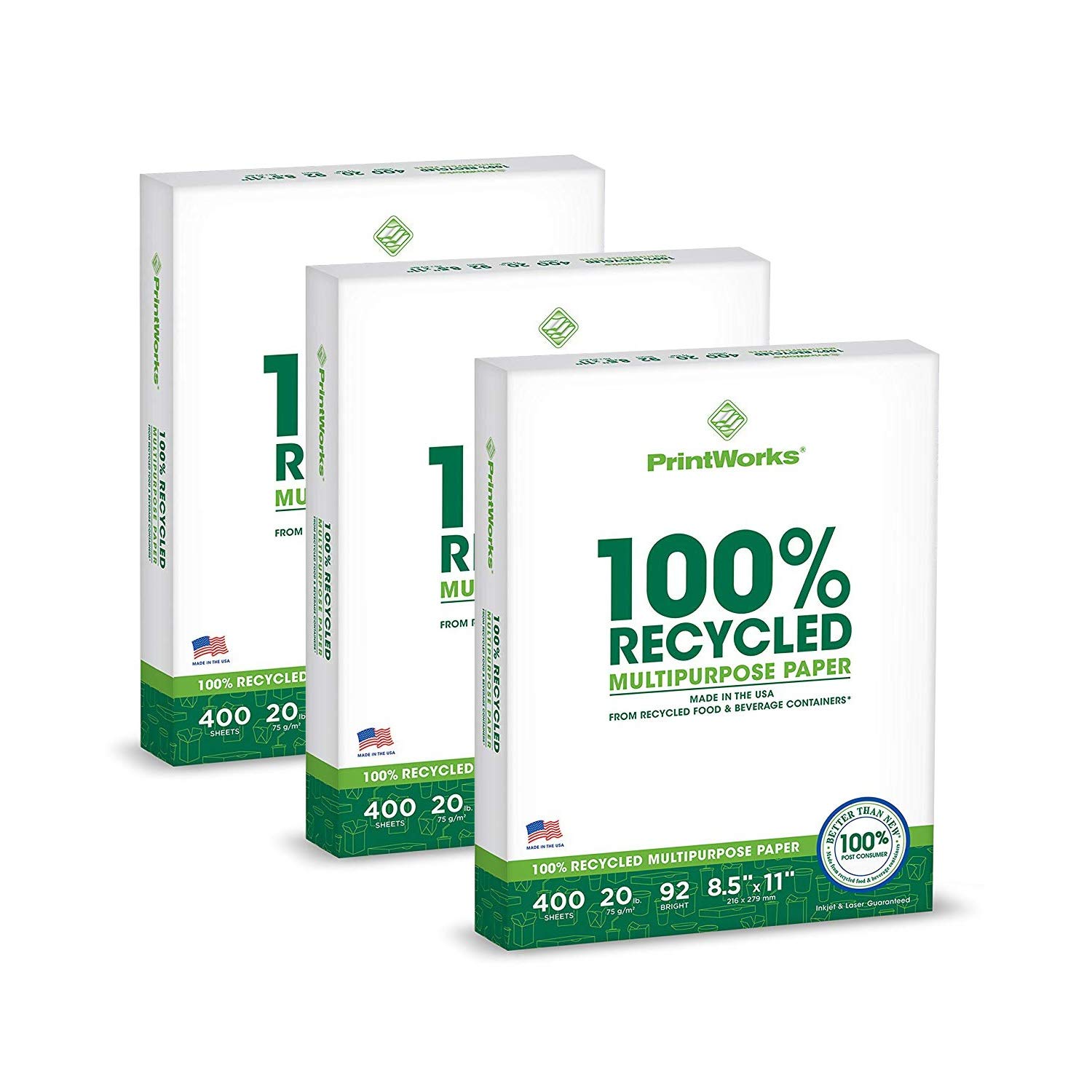 PrintWorks 100% Recycled Printer Paper 8.5" x 11" White - 20 lb Copy & Multipurpose Computer Paper - 3 Packs, 1200 Sheets - Made in The USA - 92 Bright - Printer & Copier Compatible (00018-3)