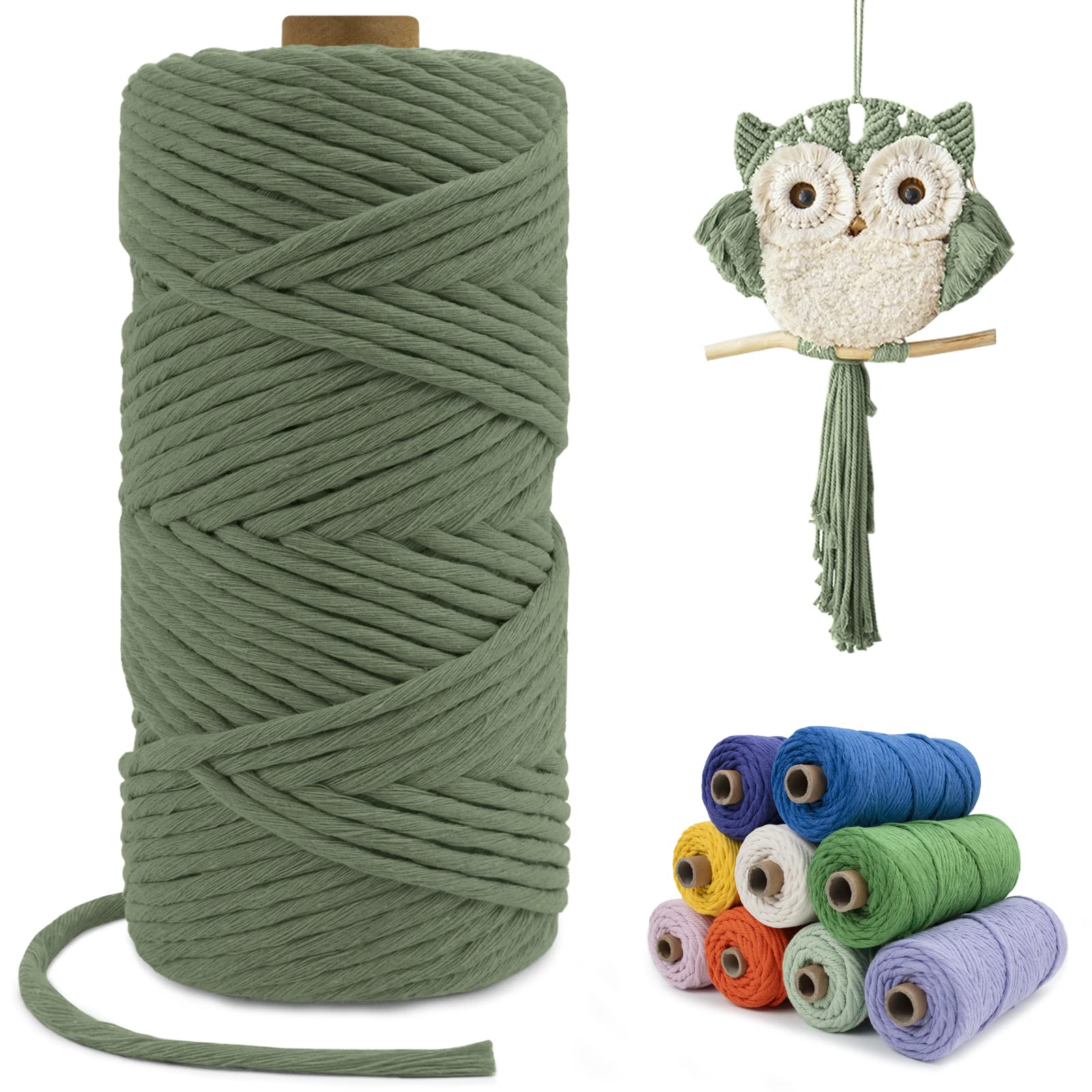 LEREATI Macrame Cord 4mm x 100m, Single Strand Thick Macrame Rope Yarn Natural Cotton Cord, Craft Macrame String for Plant Hanger, Wall Hanging, Knitting, DIY, Home Decorations (Army Green)