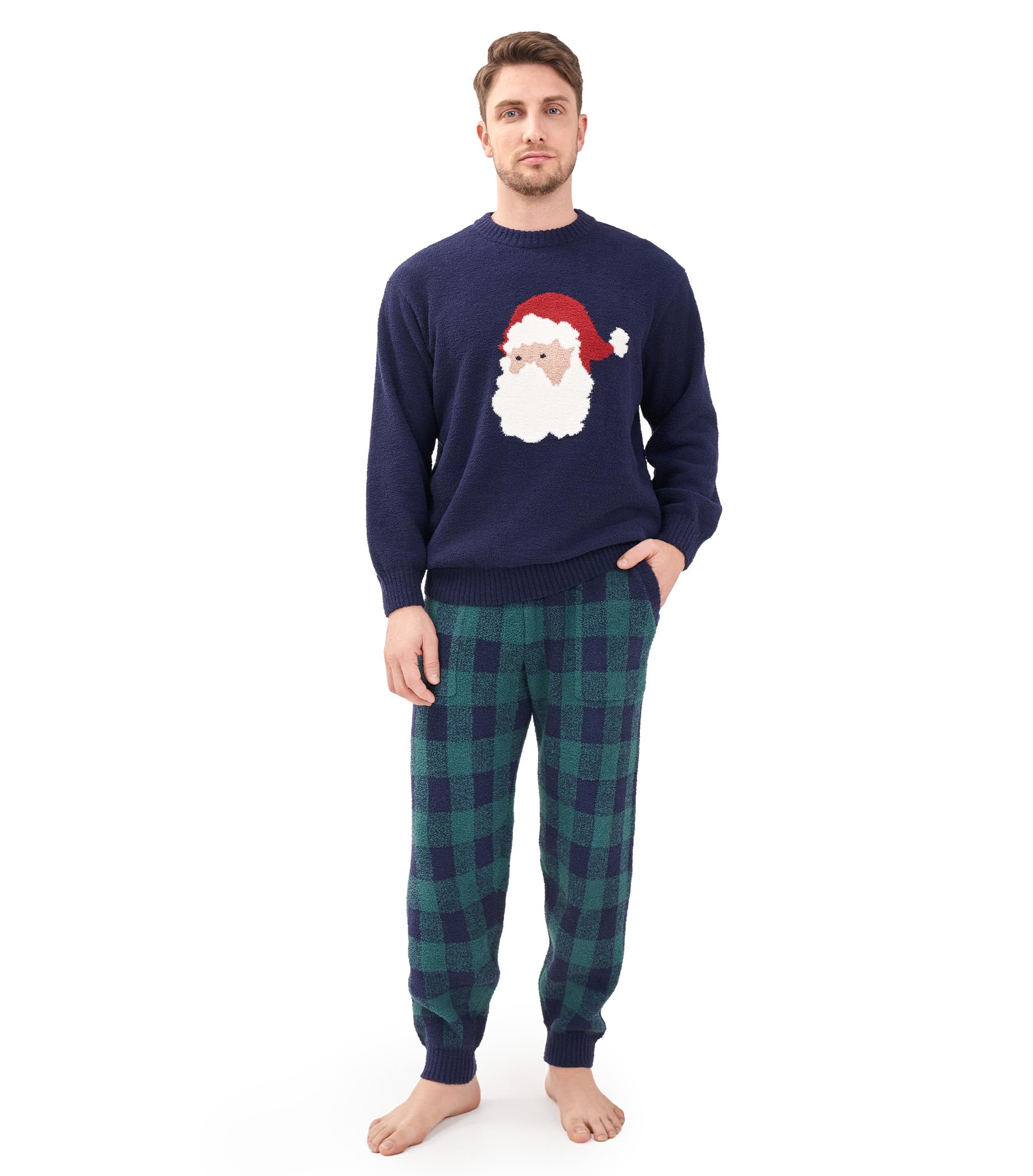 DAVID ARCHY Mens Pajamas Set Ultra-Soft Fleece Pajamas Warm Sleepwear Long Sleeve Lounge Set with Pockets (M, Navy Blue - Christmas Pattern) Image