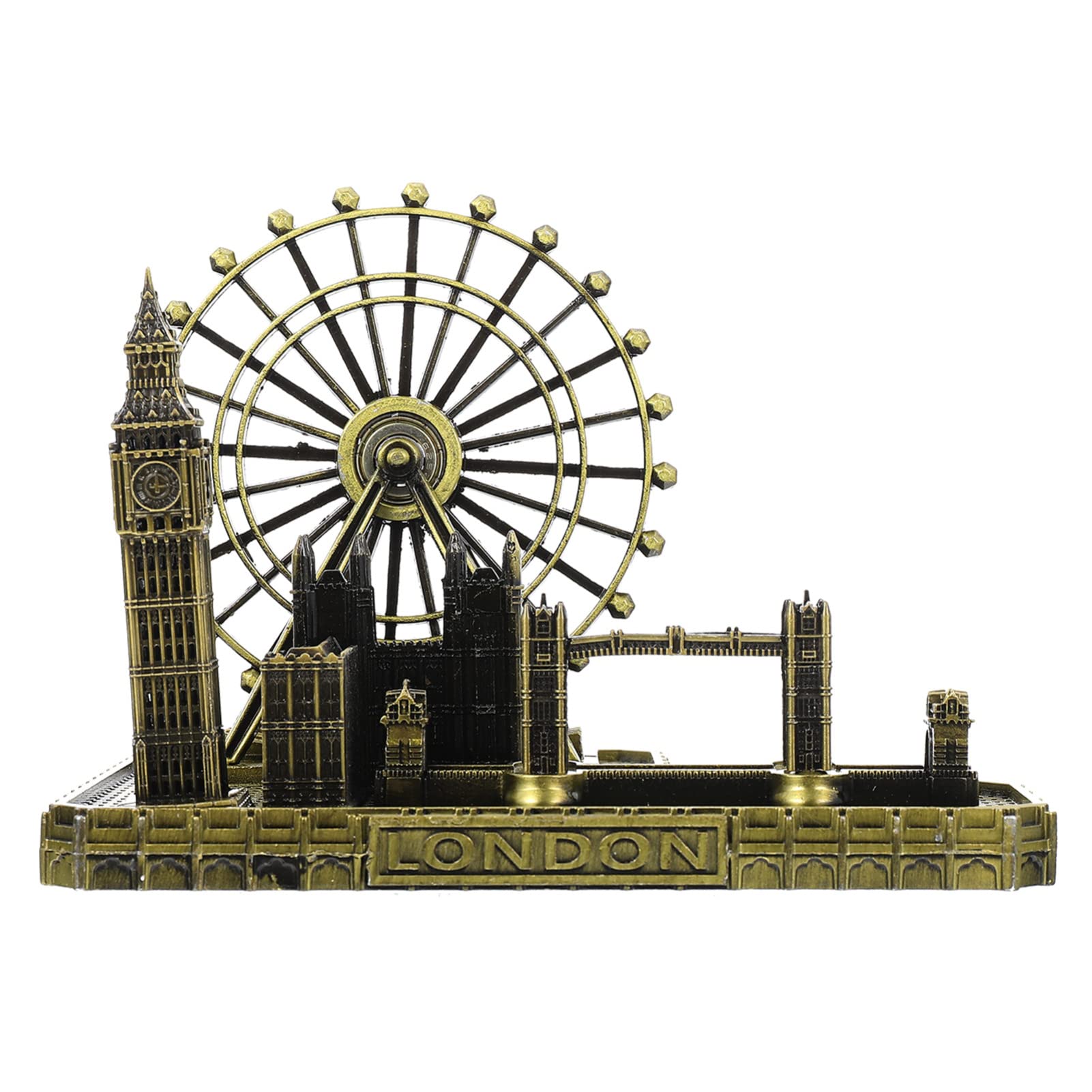 Warmhm Retro Architecture Model London Eye Big Ben Tower Bridge Model Bronze Metal Big Ben Clock Statue Figurine for Desktop Living Room Party Decoration (Bronze)