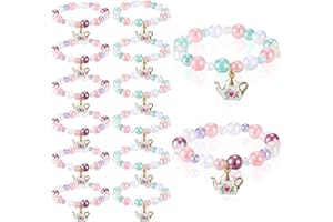 Ecally 12 Pcs Tea Party Favors Bracelet Bulk Tea Pot Beaded Bracelet Party Supplies Pendant Accessories Decorations for Kids Girl