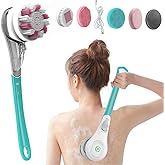 Longzhuo Electric Back Scrubber for Shower with 6 Brush Heads, Rechargeable Bath Brush, Electric Body Scrubber with Long Handle, for Cleanse, Massage, Exfoliate and Pamper Your Skin (Sapphire Blue)