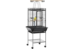 PawHut 61.5 Inch Bird Cage Parrot Parakeet House for Cockatiel with Stand, Pull Out Tray, Play Top, Storage Shelf, Wood Perch