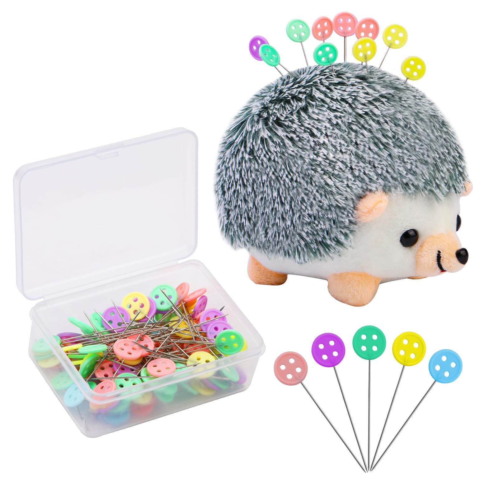 FTEVEN 100 Pieces Flat Head Straight Pins Hedgehog Pincushion Kit, Big Pincushion with Clear Storage Box and Quilting Pins, Colorful Head Straight Sewing Pins for Handicrafts DIY Sewing