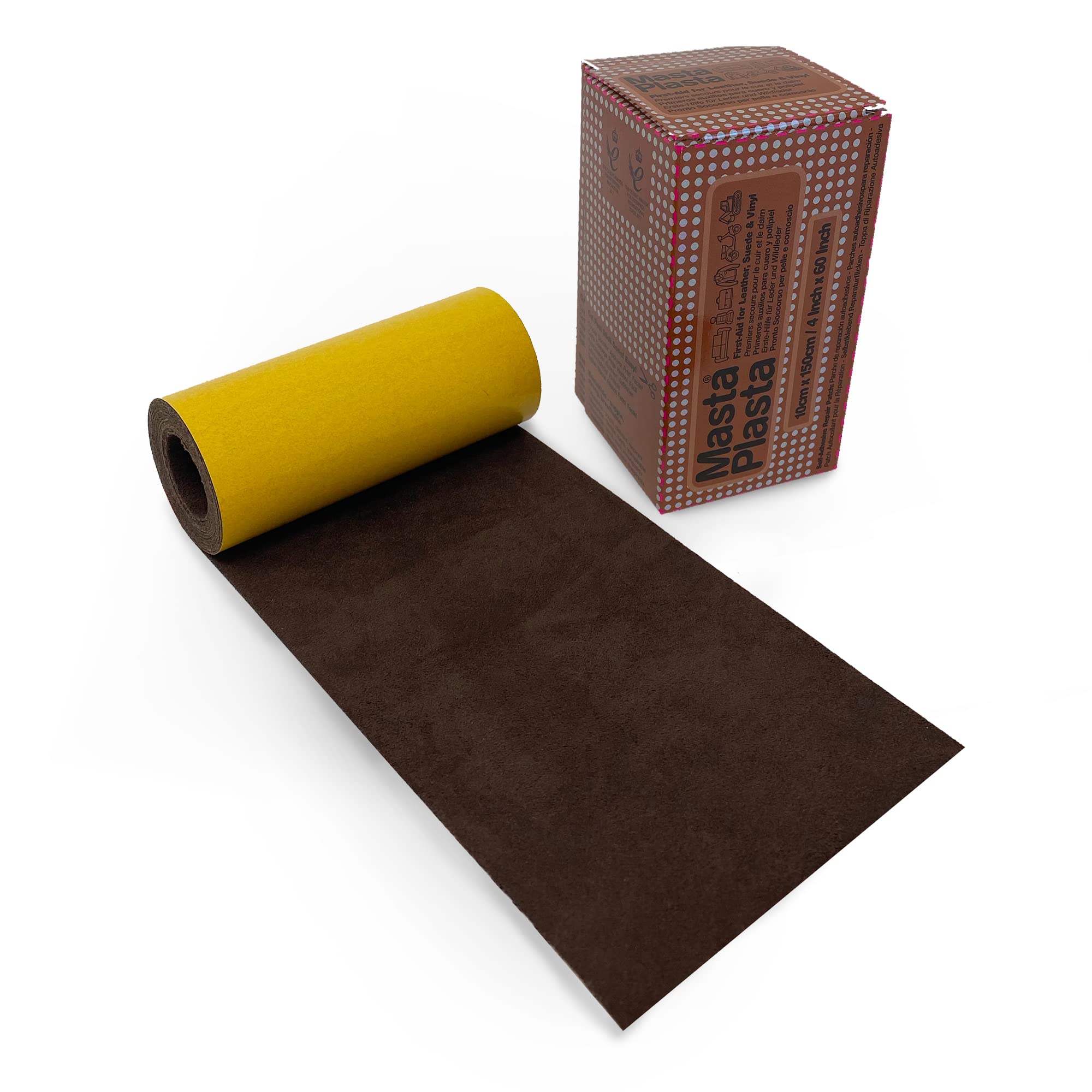 MastaPlasta Suede Repair Tape Roll - Brown 150 x 10 cm (60in x 4in). The Original Upholstery-Quality Easy All-in-One Fabric Repair Kit for Suede and Velvet. Repairs holes, burns, stains