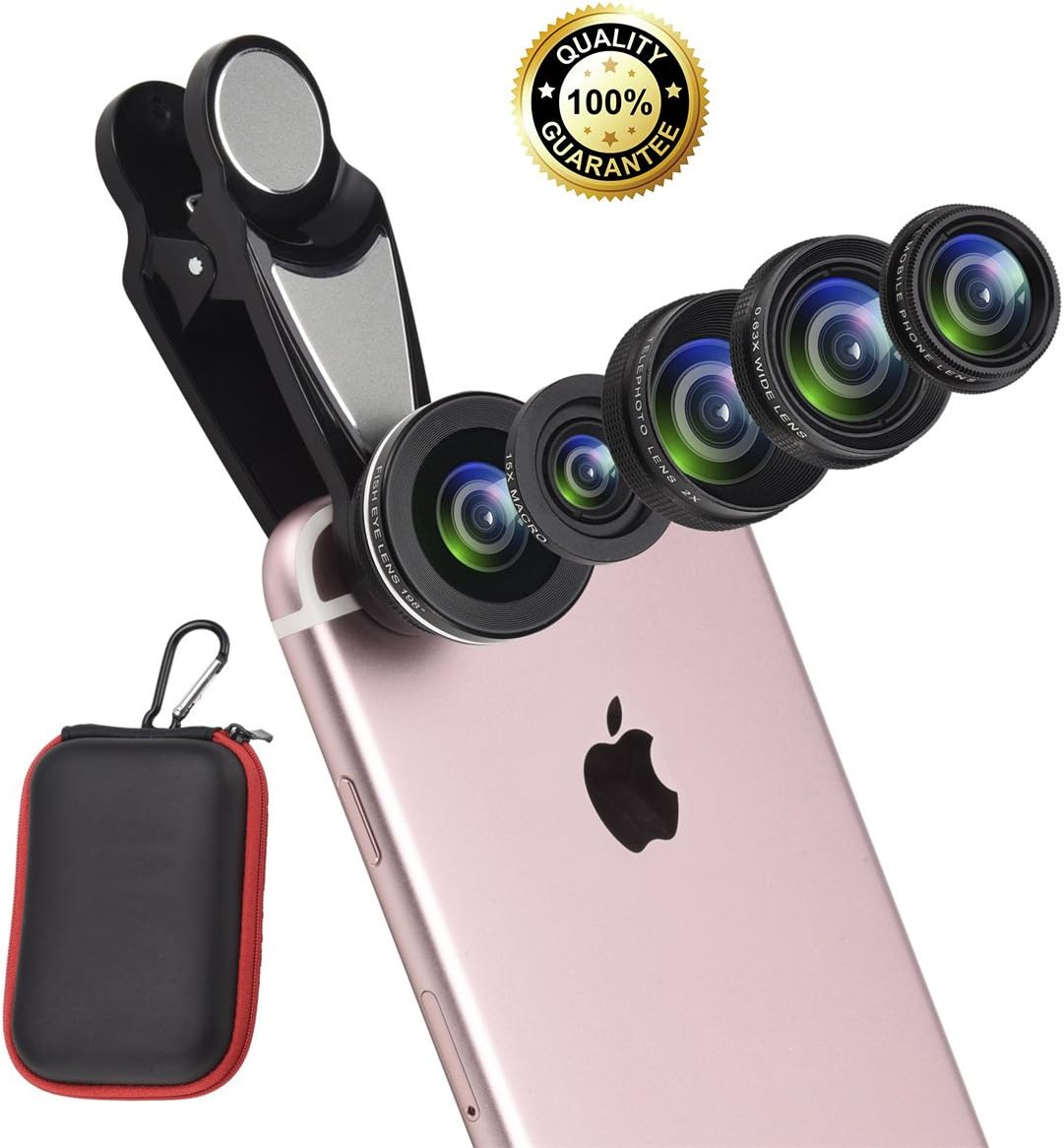 6 in 1 Cell Phone Lens Kit with Case, Included Super Fisheye Lens + 0.63x Wide Angle Lens + 15x Macro Lens + 2X Telephoto Lens+ Kaleidoscope Lens + CPL Polarizer Lens