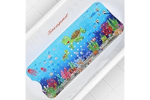 Secopad Bath Mat for Tub Non Slip, Machine Washable Anti-Slip Cartoon Baby Bathtub Shower Mat with Drain Holes and Suction Cups for Toddler & Kids (40 Inch x 16 Inch-Rectangular, Turtles)