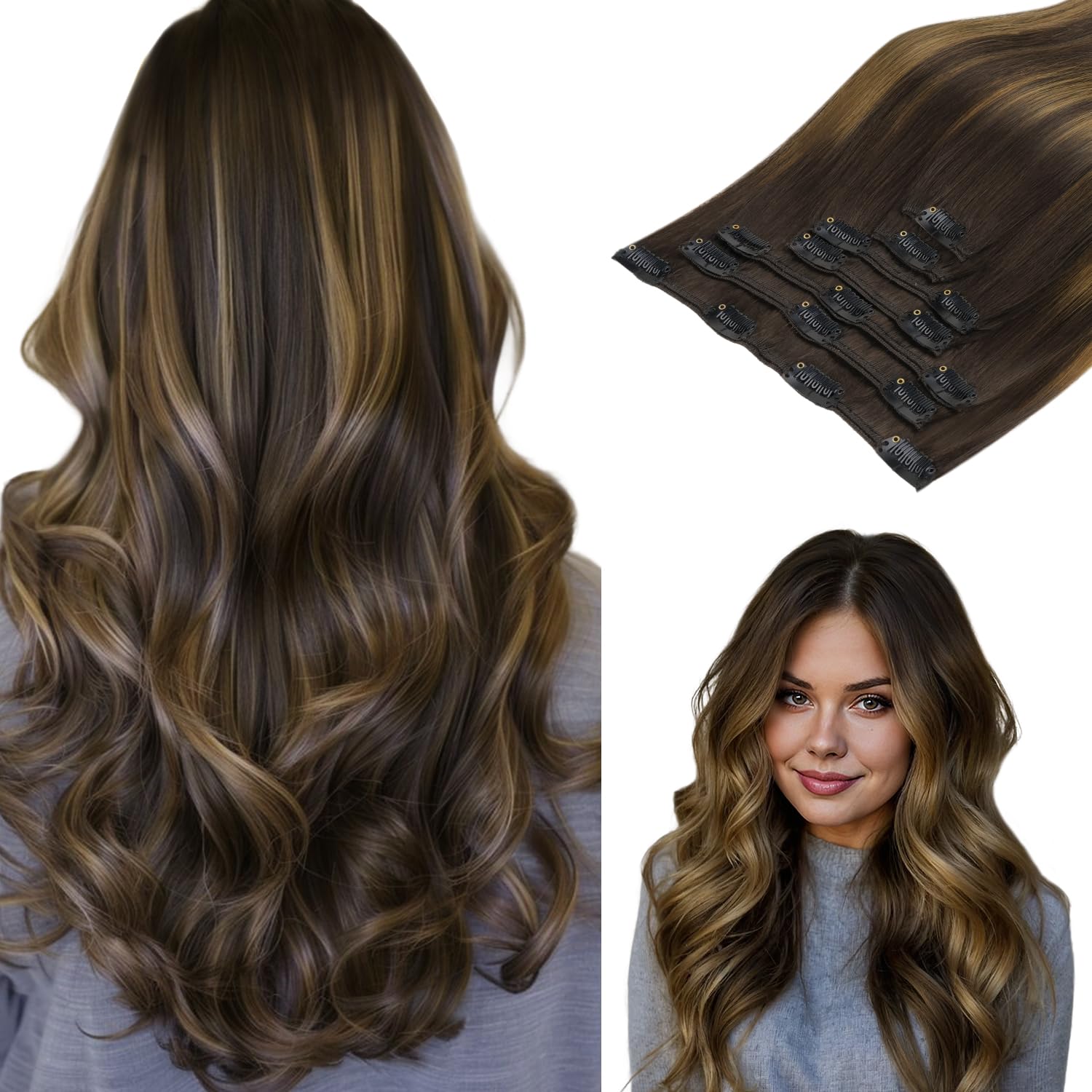 Clip in Hair Extensions, hotbanana Dark Brown to Chestnut Brown Clip in Hair Extensions Real Human Hair Straight Remy Clips in Extension 14 inch 120g 7pcs