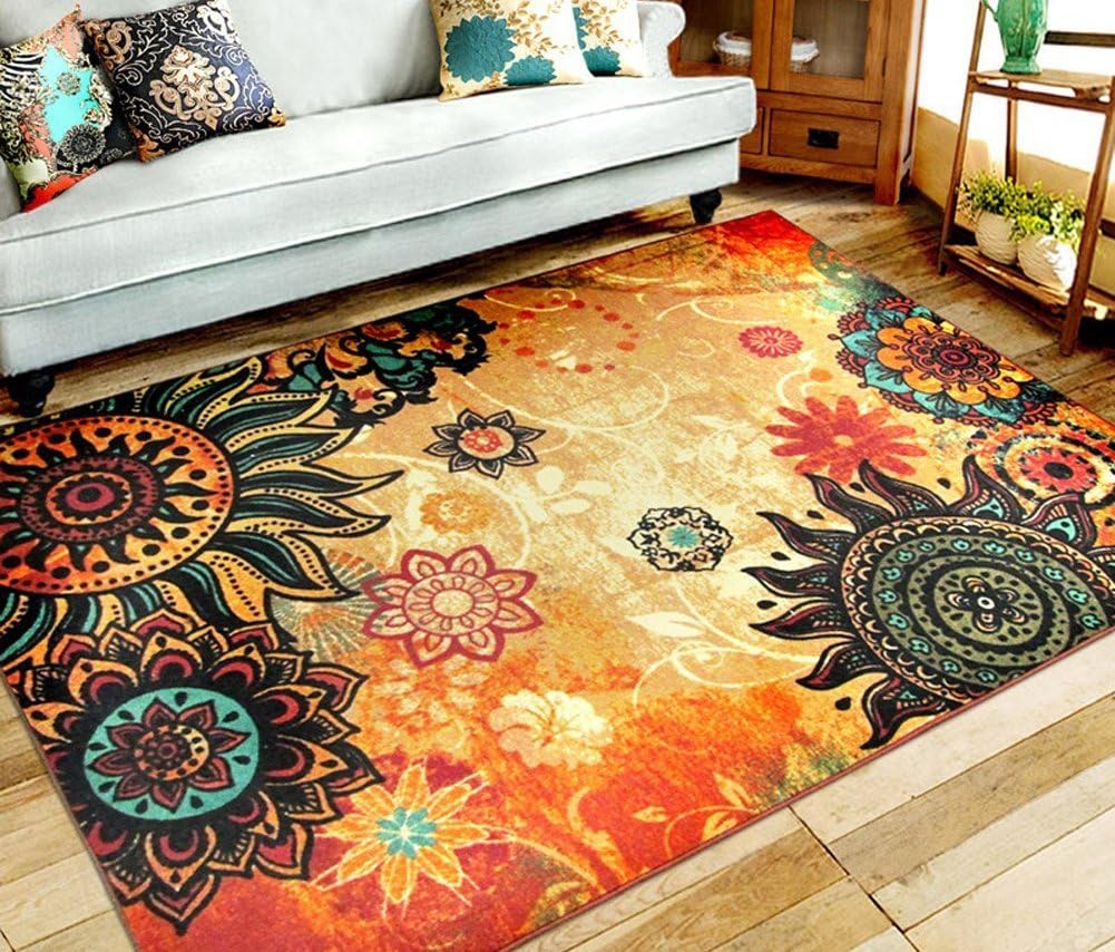 EUCHContemporary Boho Retro Style Abstract Living Room Floor Carpets,Non-Skid Indoor/ Outdoor Large Area Rugs,52"x75" Lotus