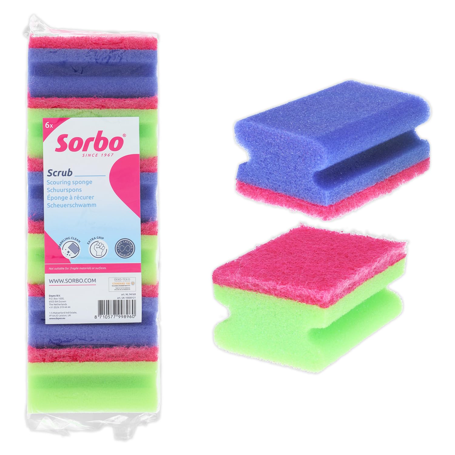 Sorbo Scouring Sponges, Non-Scratch Extra Grip and Super Absorbent Cleaning Scourers ideal for home and Kitchen Cleaning, Each pack includes 6 scourers in assorted colours