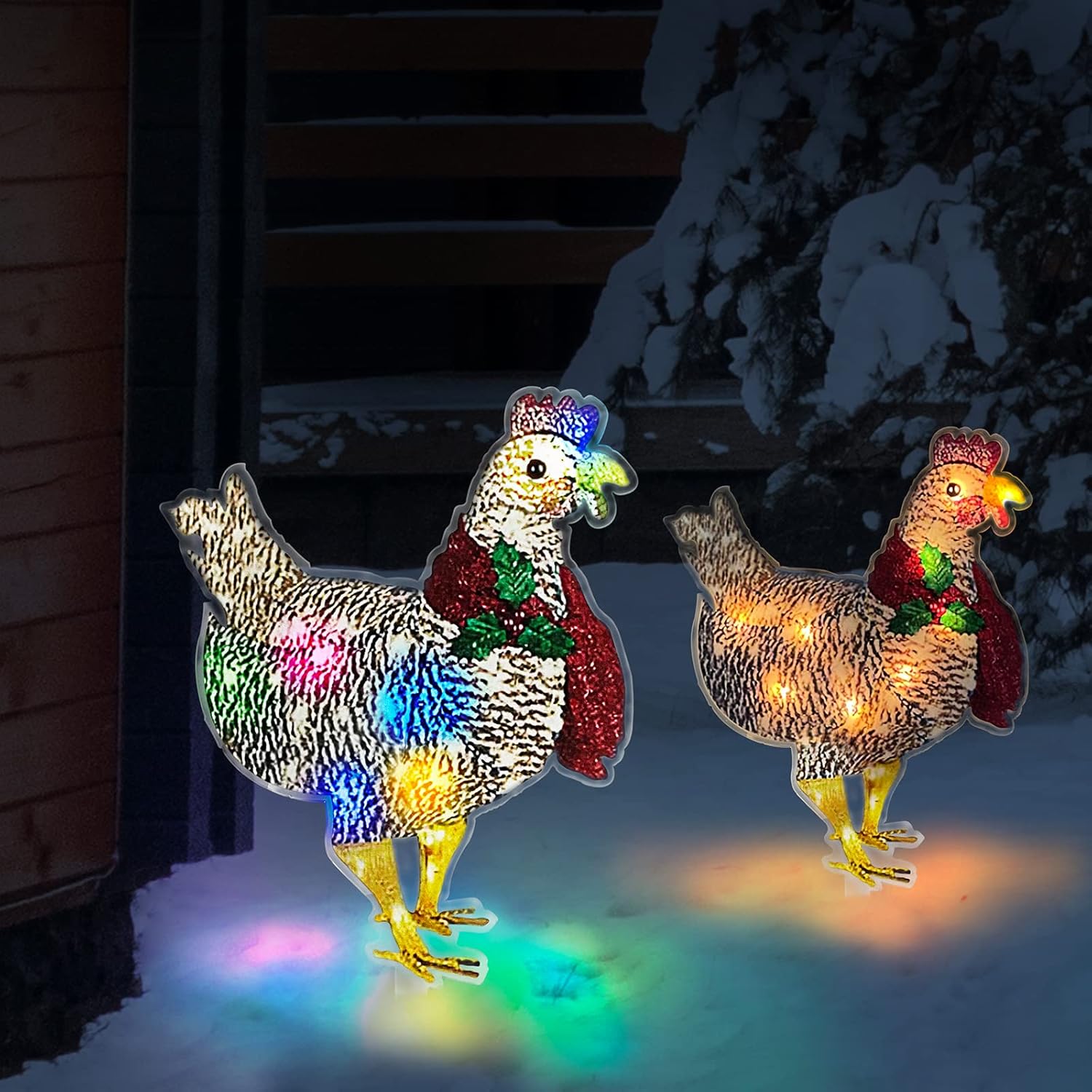 Decorative Garden Stakes - 2PCS Light-Up Chicken with Scarf Holiday Decoration Metal Chicken Christmas Ornaments，Rooster Animal Garden Stakes for Ground Lawn Outdoor Decor （Large&Medium