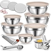 YUNNKEEY 30PCS Mixing Bowls with Lids Set, 7QT to 1QT Stainless Steel Nesting Bowls with Graters, Non-Slip Silicone Bottom, Large Khaki Bowls & 21 Measuring Cups and Spoons Set Kitchen Appliances