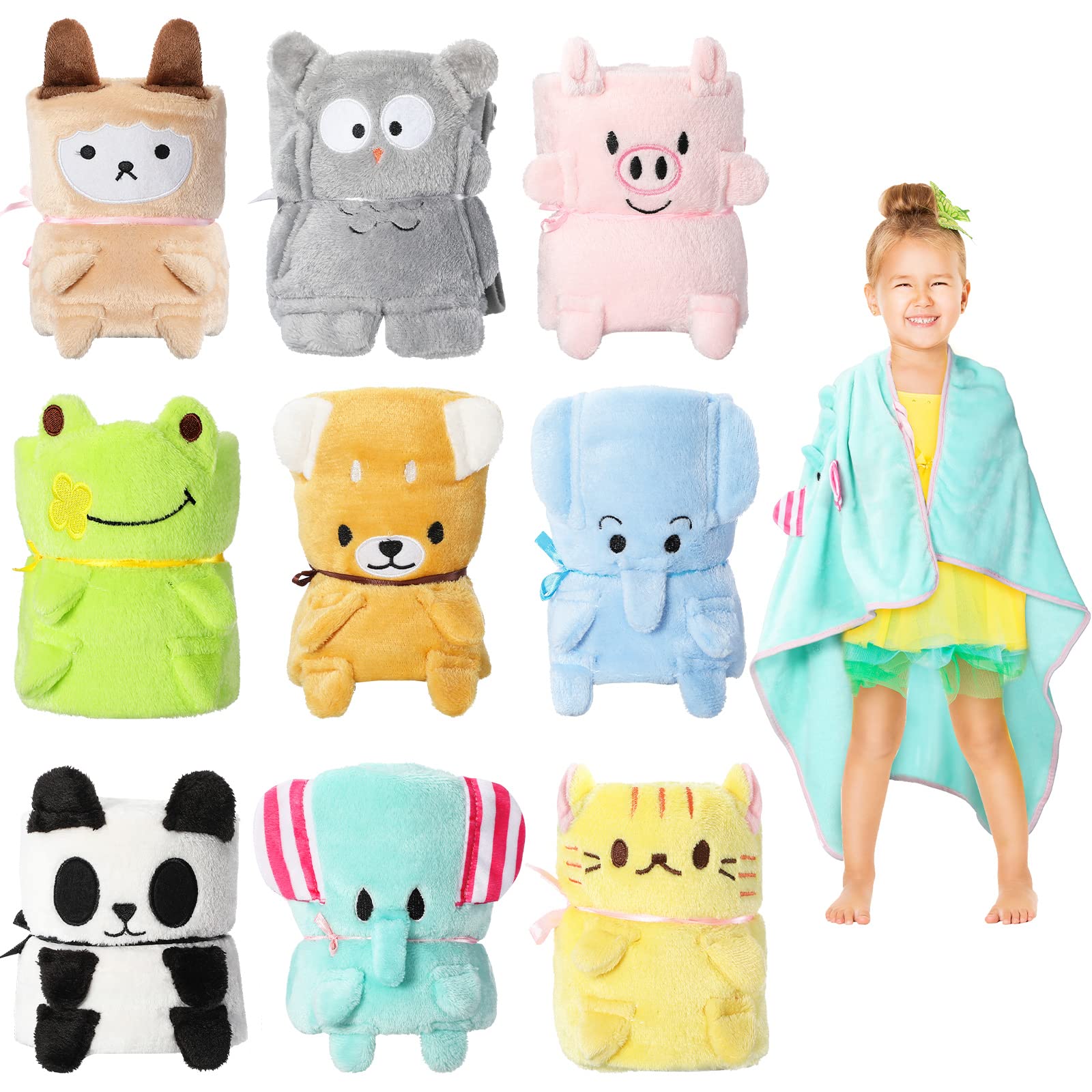 Photo 1 of 9 Pack Kids Travel Blanket for Airplanes Daycare Nap Blankets in Bulk Small Cute Animals Lightweight Fleece Throw Blanket for Kids Birthday Party Favors
