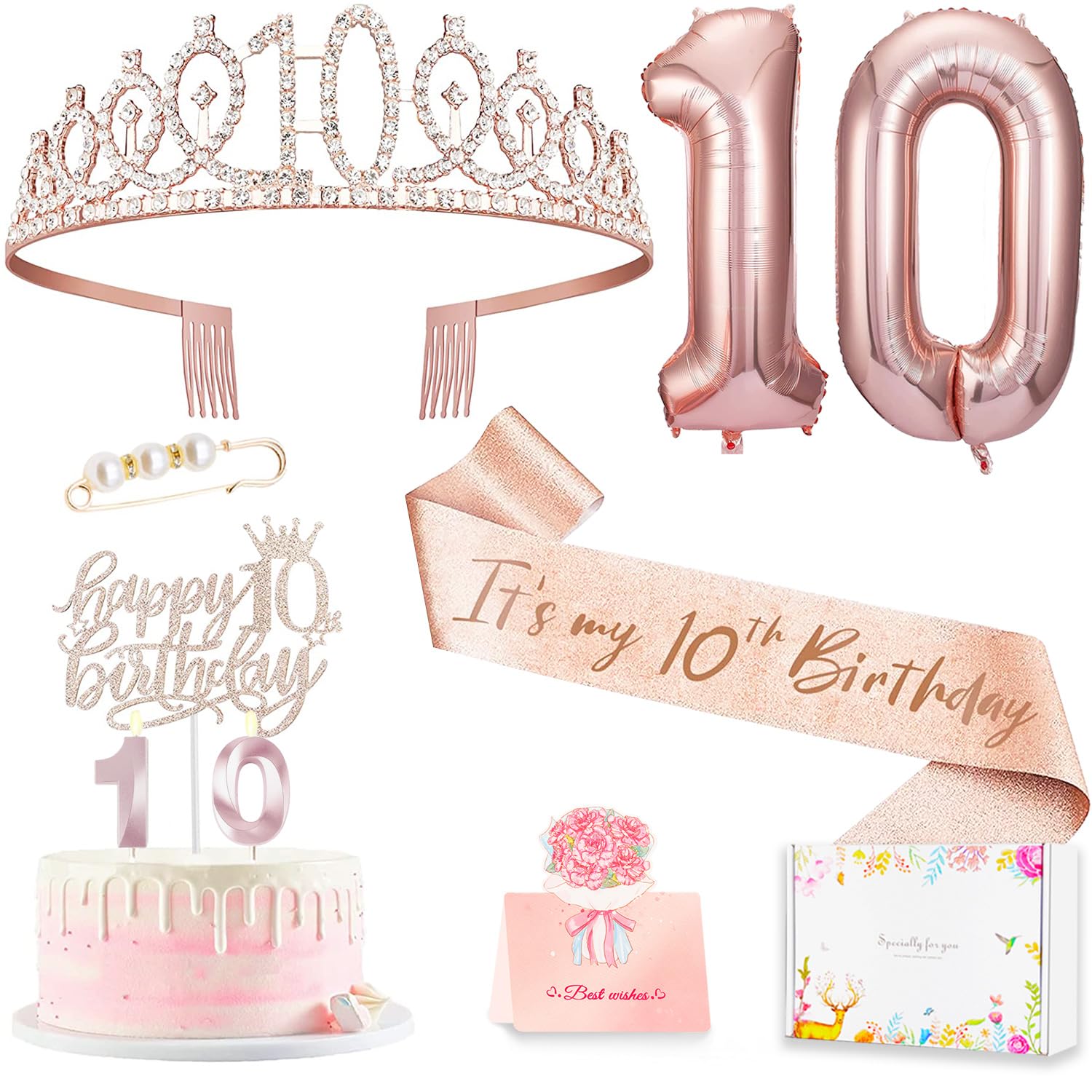 Photo 1 of 10th Birthday Decorations for Girl, 10th Birthday Sash and Crown, Cake Topper, Number Candles and Balloons, 10 Year Old Gifts for Girls