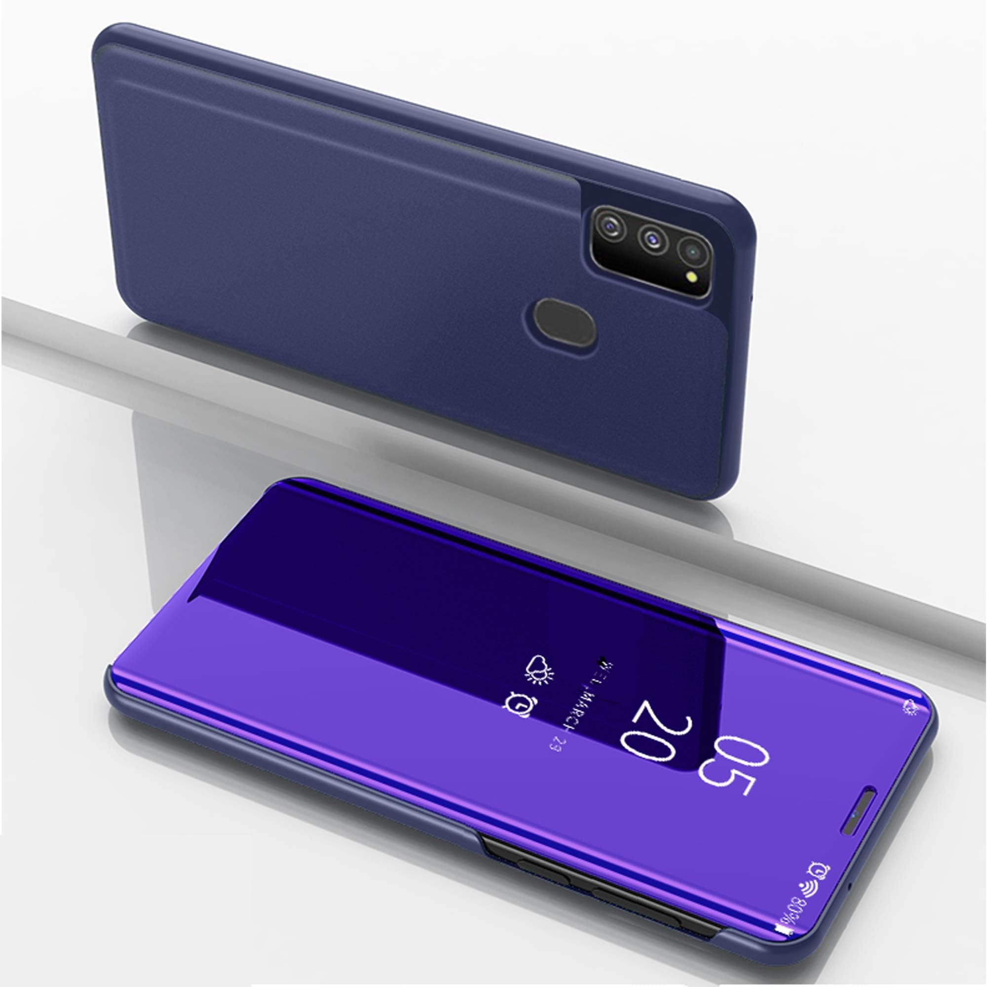 Galaxy M30S Flip Case, Top Make-Up Plated Mirror Window Bright View Flip Video Stand Hard Cover, HUZIGE Newest Slim Smart App Awake Sleep Phone Case For Samsung Galaxy M30S DBlue