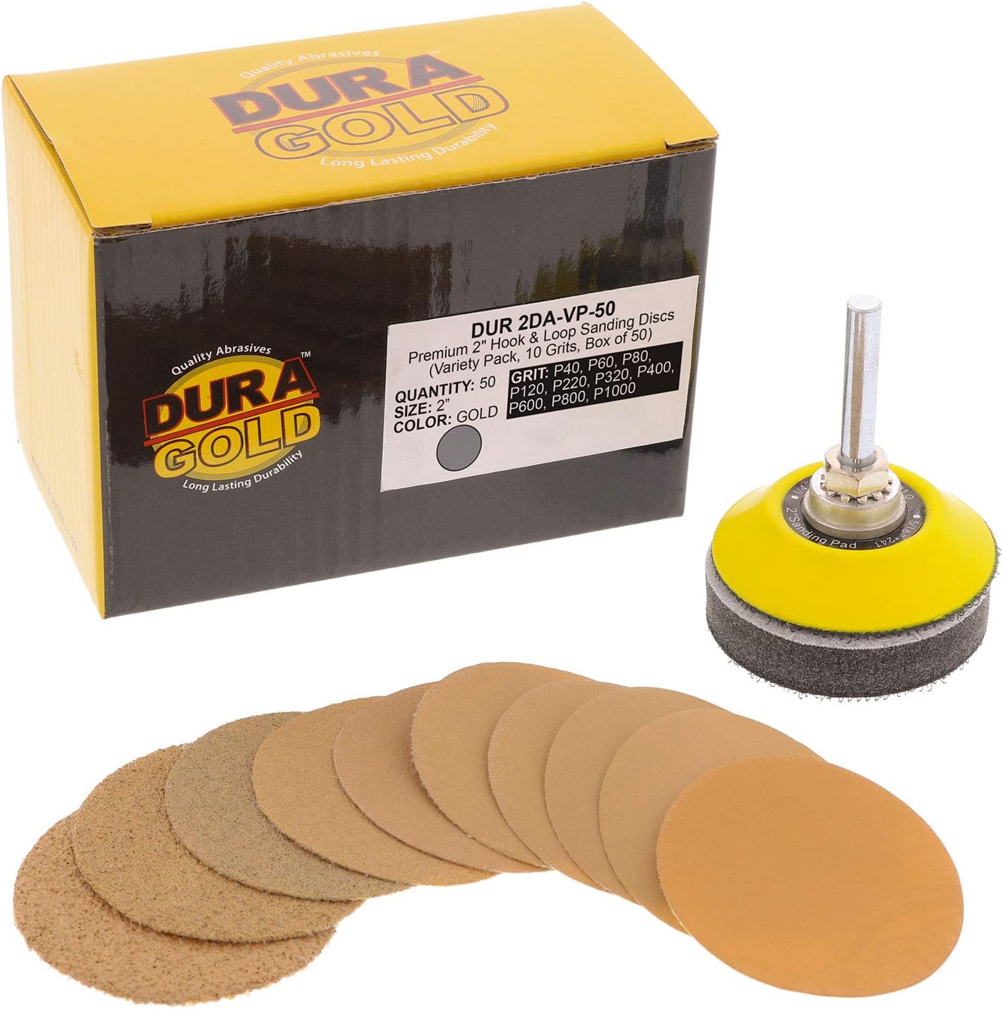 Dura-Gold - Premium-2" Disc Variety/Assortment Pack (40,60,80,120,220,320,400,600,800,1000) - 2" Gold Hook & Loop Discs - Box 50 Sandpaper Discs for Automotive, Woodworking with Bonus Backing Plate