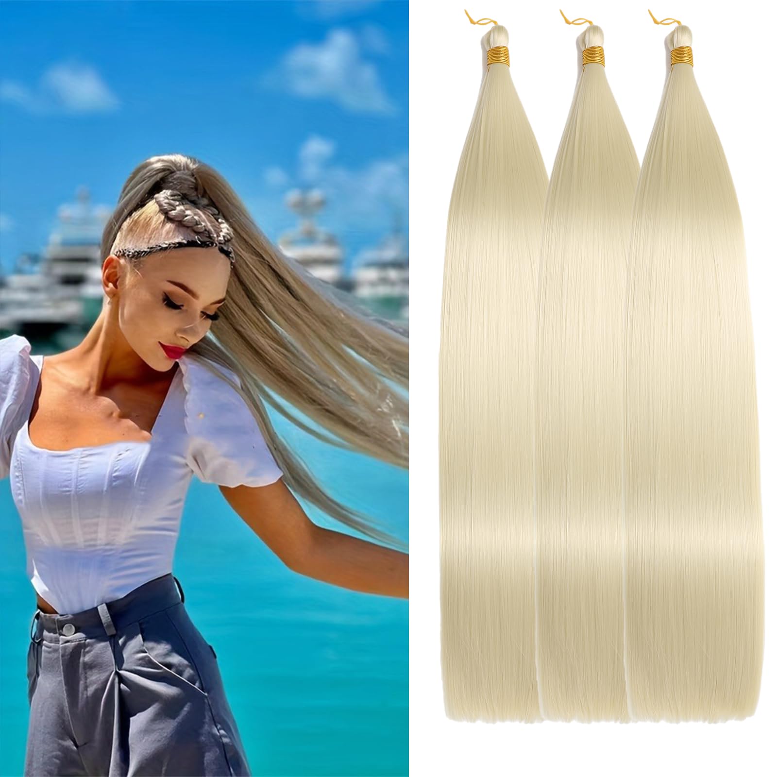 Locescsoc 24 Inch Bone Straight Braiding Hair 150g 3 Packs Straight Hair Extensions, Ariel Straight Hair Bundles, Silky Soft Synthetic Hair for Women (613#)