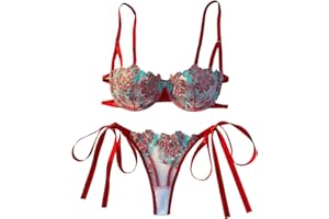 Verdusa Women's 2 Piece Floral Lace Bow Lingerie Set Embroidery Sheer Push Up Bra with Tied Side Thong