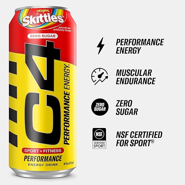 CELLUCOR C4 PERFORMANCE ENERGY DRINK | SKITTLES | ZERO SUGAR CARBONATED PREWORKOUT ENERGY | 200MG CAFFEINE WITH BETA ALANINE | 16 FL OZ (12 PACK)