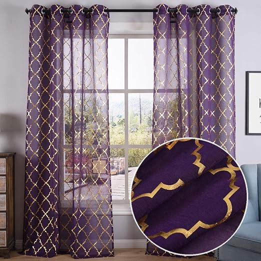 Amazon Com Kotile Purple Sheer Curtains With Gold Foil Print