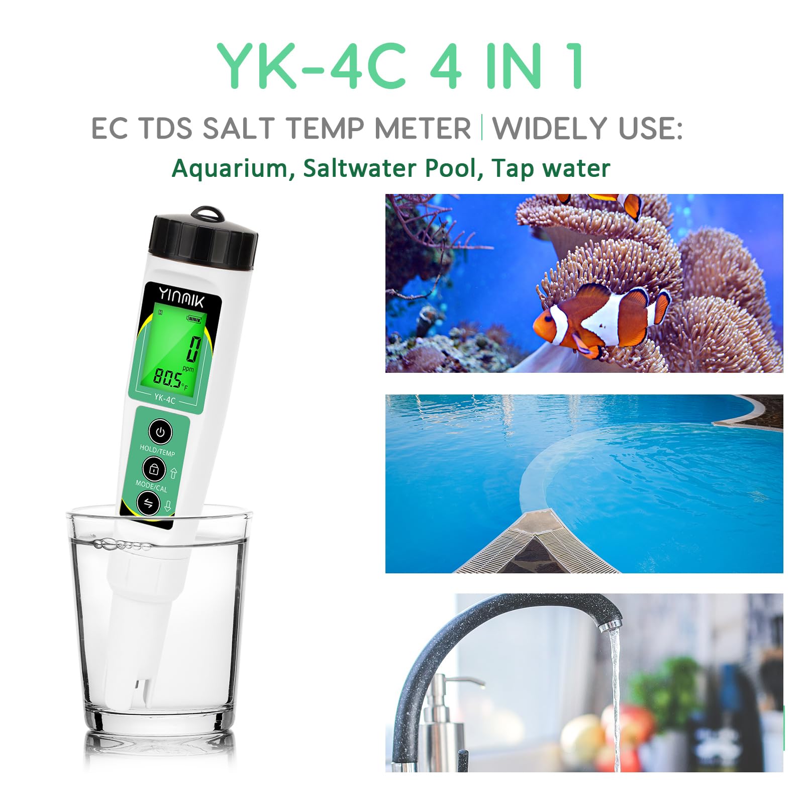 YINMIK EC Salt TDS Meter 4 In 1 Salinity Conductivity TDS Temperature ...