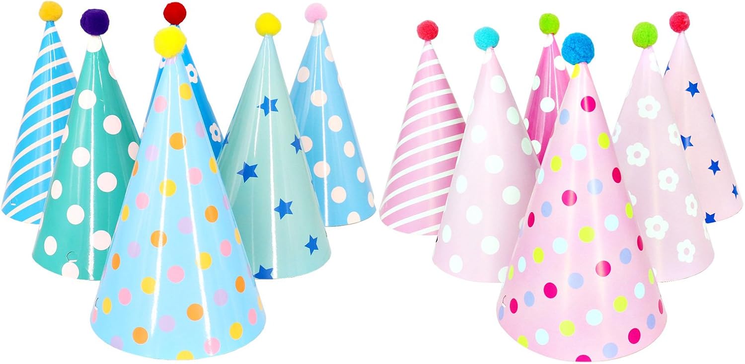 Beurio Kids Happy Birthday Paper Party Cone Hats with Pom Poms, 12ct: Clothing