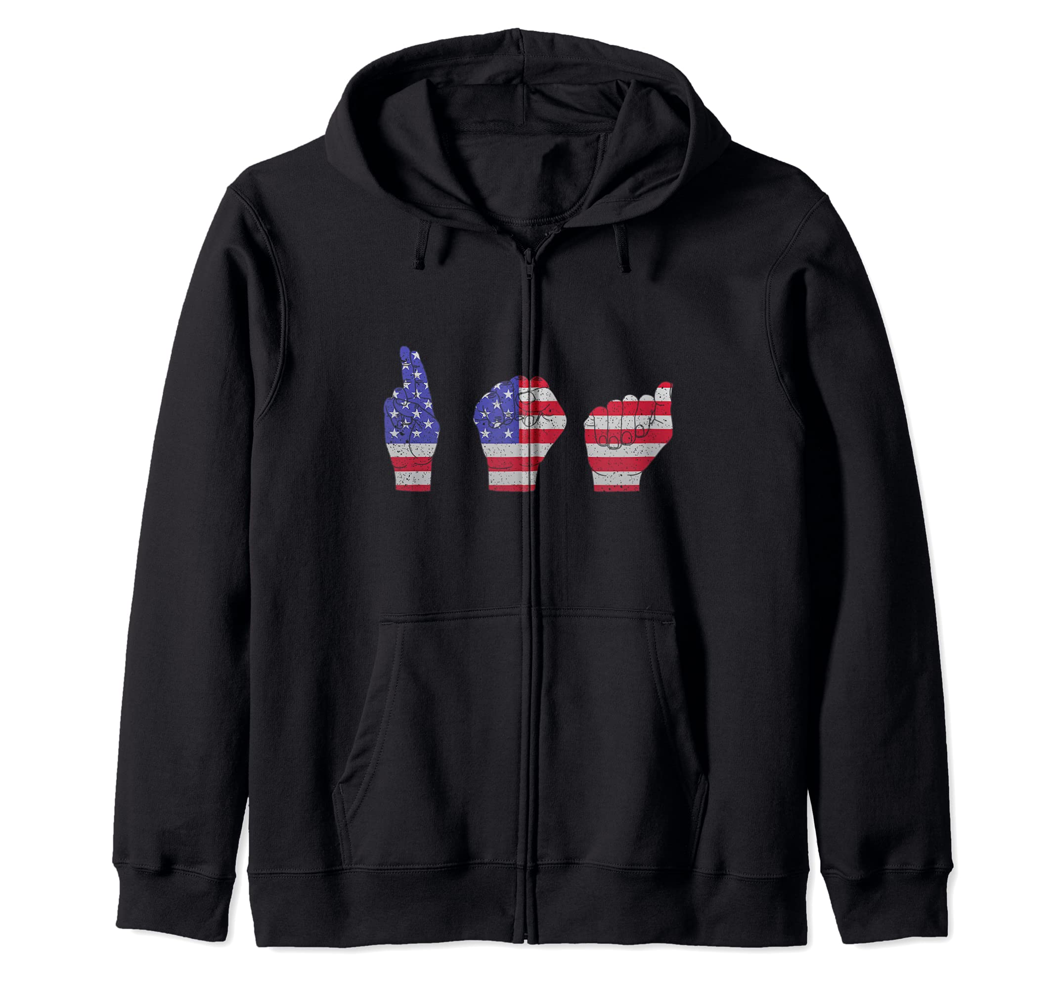 USA ASL American Sign Language 4th of July Patriotic Flag Zip Hoodie