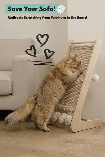 POMESEA CAT SCRATCHER FOR INDOOR CATS, L-SHAPED CAT SCRATCHING BOARD & RAMP, SOLID WOOD CAT SCRATCH PAD, WITH HANGING BALL & 3 BOTTOM PLAY BALLS, IDEAL FOR ALL CATS (WOOD GRAIN, L)