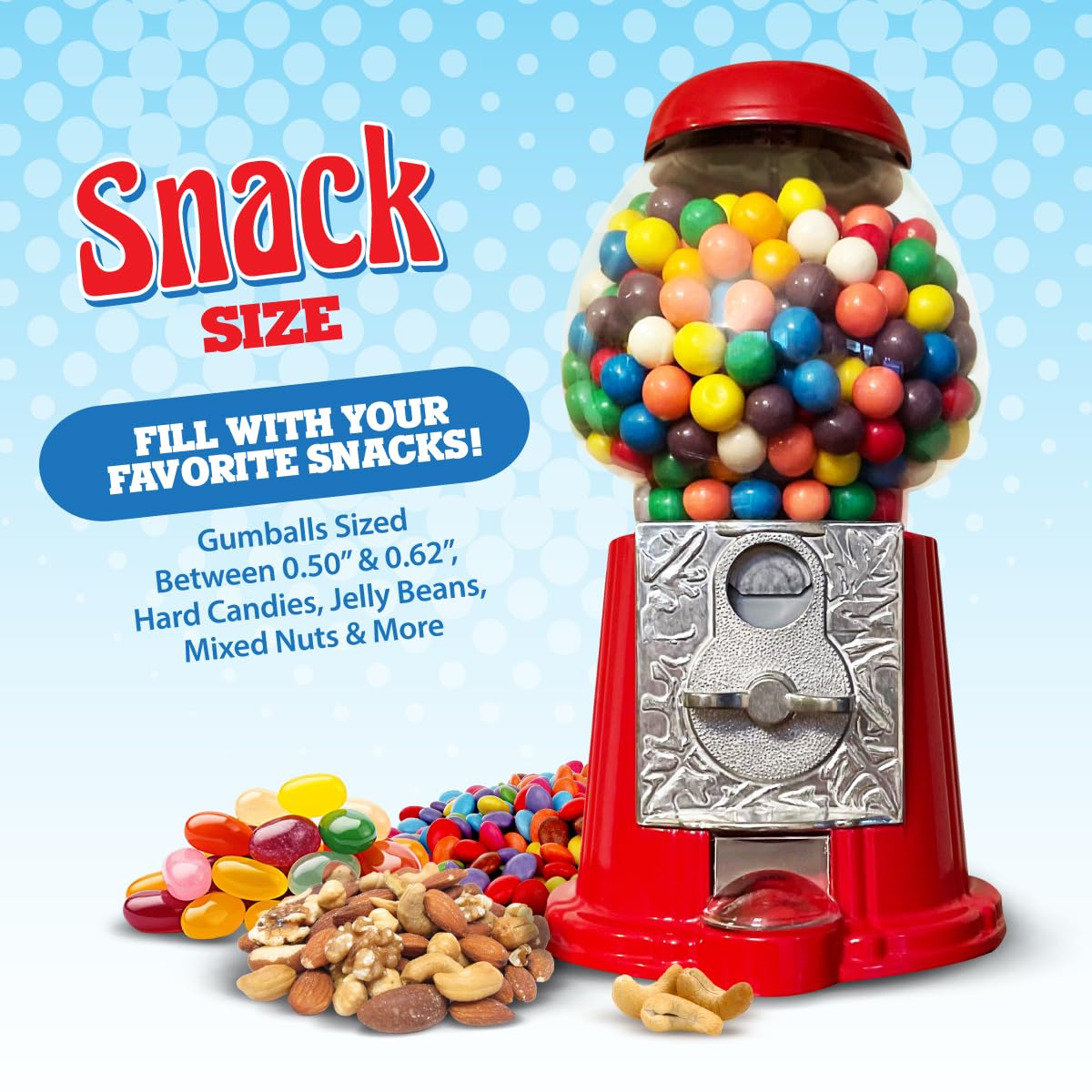 American Gumball Company - Metal 11-Inch Retro Style Red Gumball Machine, Made For 0.62 Inch Gumballs, Candy or Nuts, Accepts Any US Coin