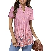 BAISHENGGT Womens Short Sleeve Tunic Tops V Neck Blouses Dressy Casual Vacation Outfits Floral Printed T Shirt