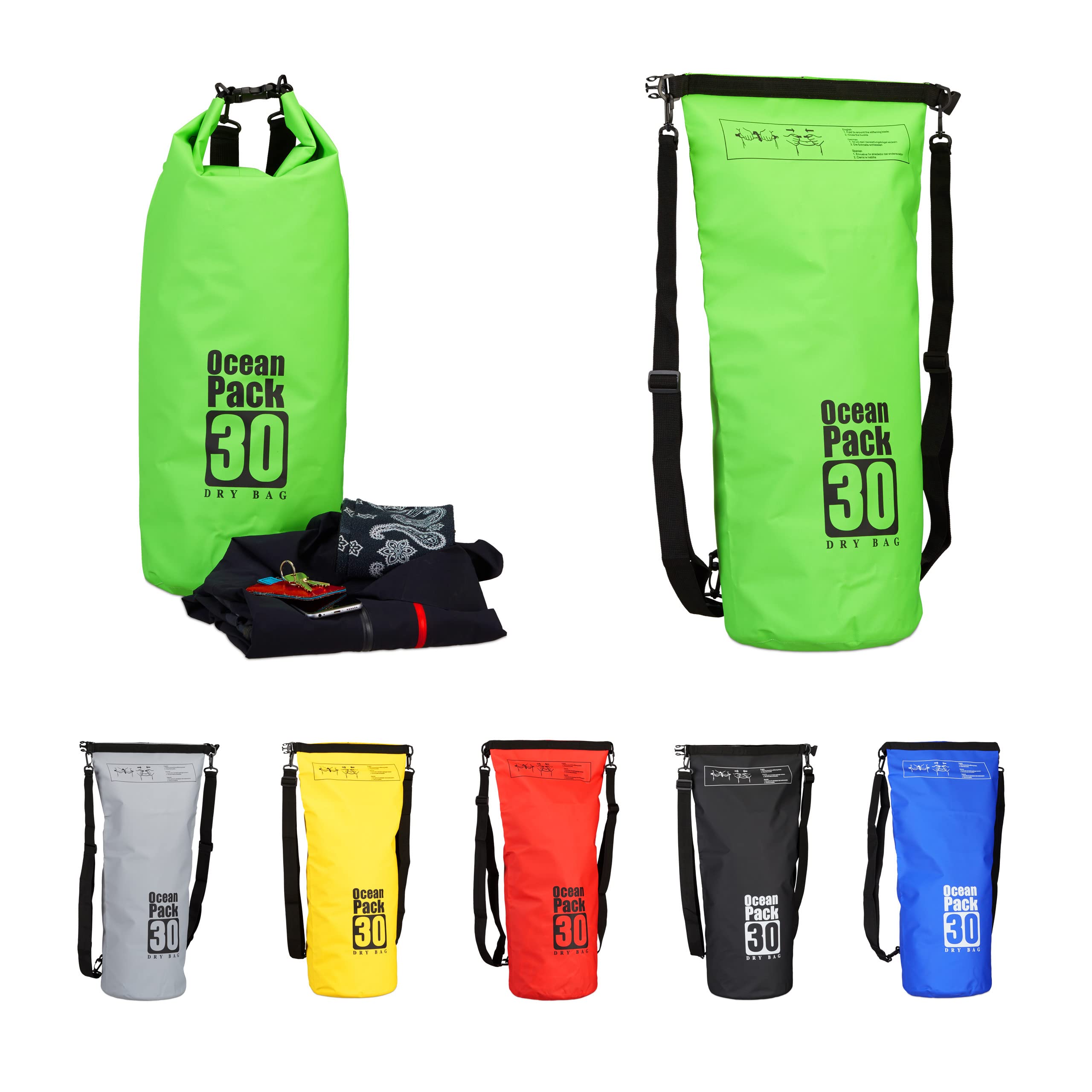 Relaxdays 30 L Ocean Pack, Waterproof Dry Bag for your Valuables, Lightweight Outdoor Gear, Green