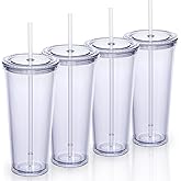 Zephyr Canyon 24oz Double Wall Plastic Tumblers with Lids and Straws | Large Classic Travel Tumbler | 4 Pack Set of 4 | Clear Reusable Cups with Straws | BPA Free