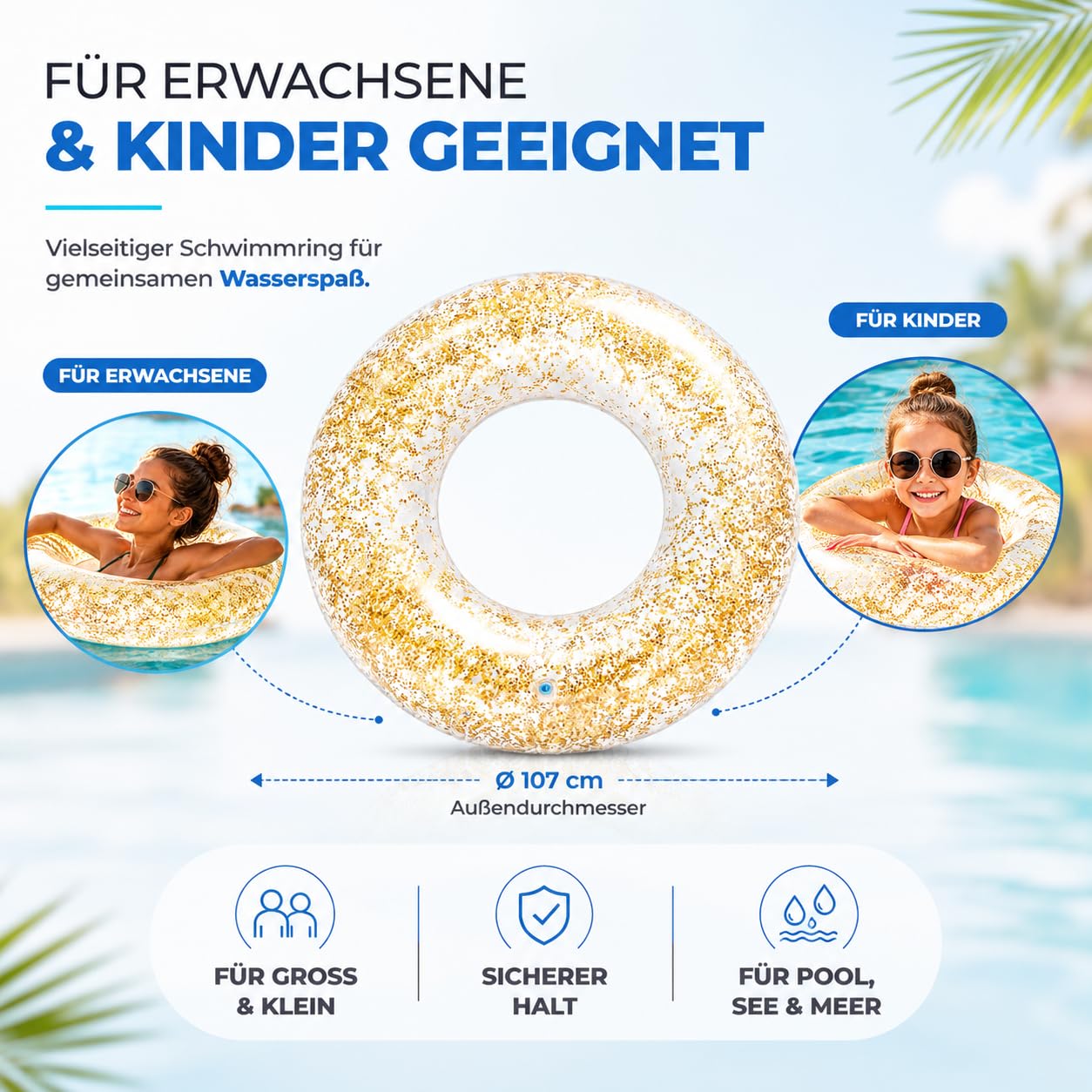 Aufblasbar Schwimmring mit Glitzer Konfetti Ø 120 cm - Schwimmreifen Pool & Wasser, für Erwachsene & Kinder (Schwimmring Glitzer) 8
