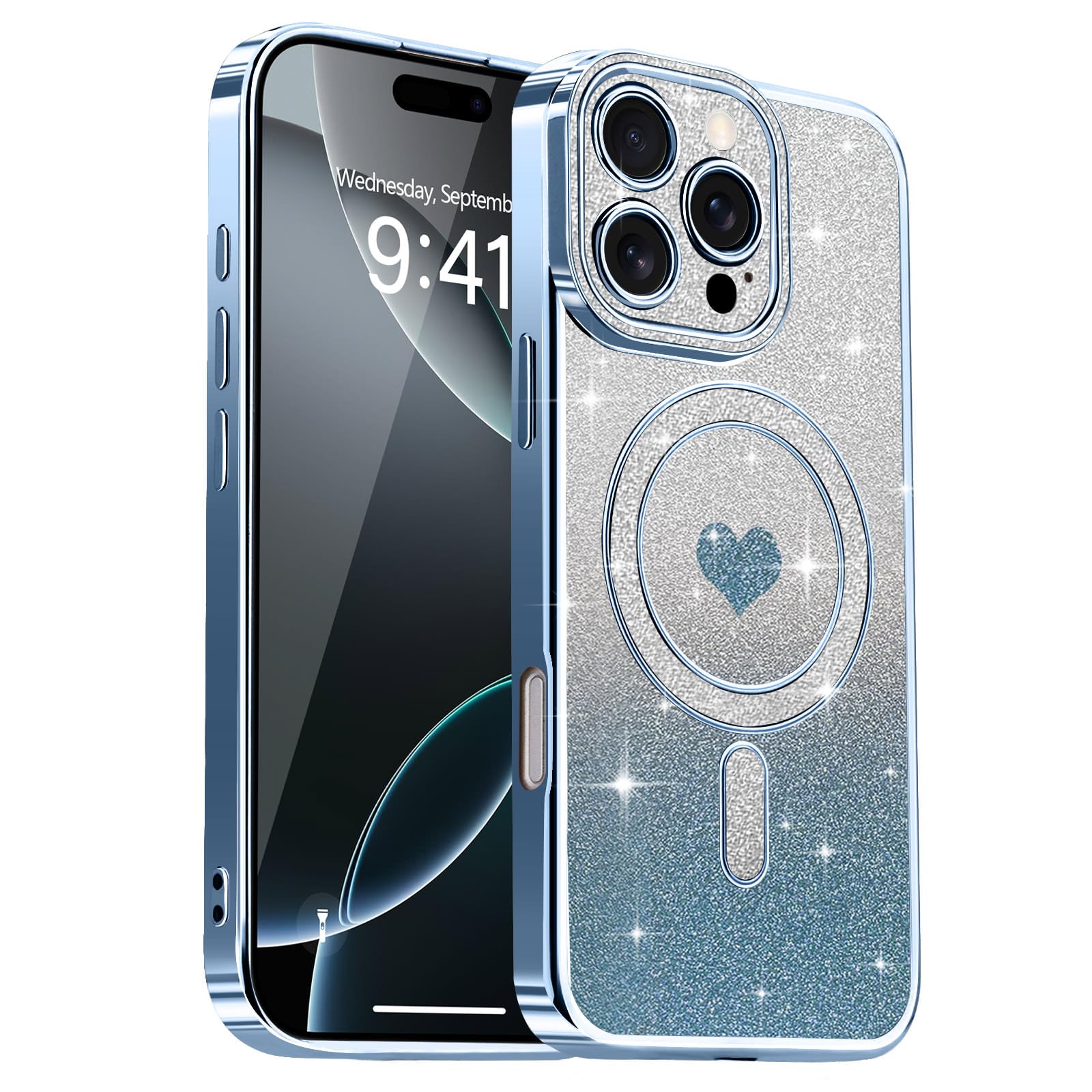 Lafunda Magnetic for iPhone 16 Pro Max Case Glitter, Cute Love Heart Plating Luxury Sparkle Bling Clear Cover for Women Girls TPU Camera Protection Shockproof Phone Case for iPhone 16 Pro Max, Blue